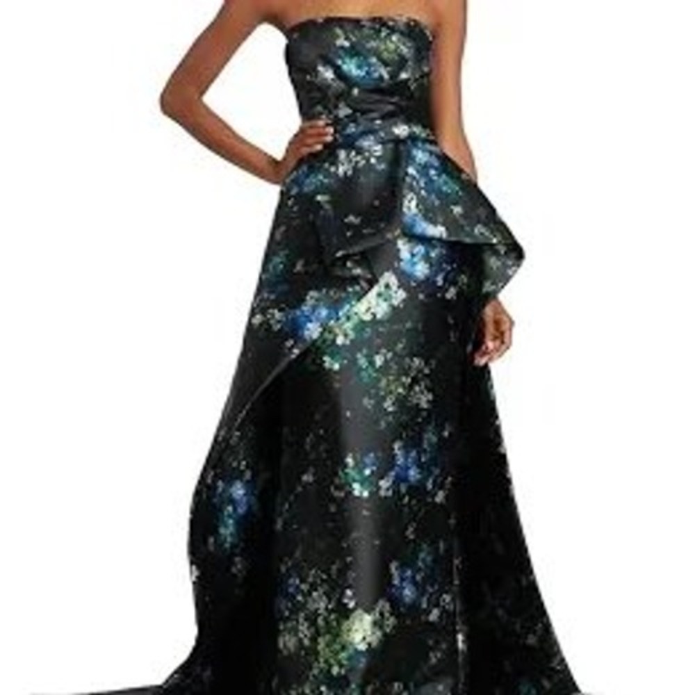 AMSALE Black Floral Jacquard Strapless Peplum Black Tie Formal Evening Gown Sz 8
